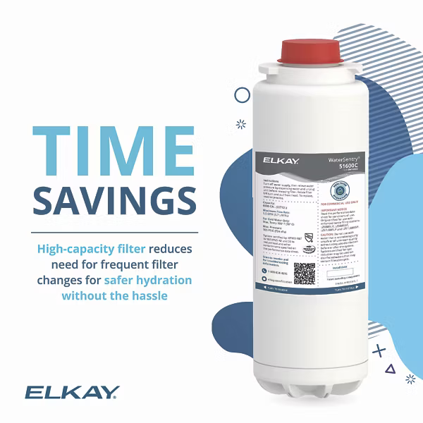 Elkay water filter cartridge with text highlighting time savings and safety benefits on a white background.