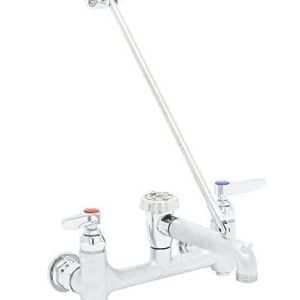 T&S Brass B-0665-BSTR Service Sink Faucet. 8" Wall Mount with Built in Stops, Vacuum Breaker, and Pail Hook. Rough Chrome with Garden Hose Male Outlet.