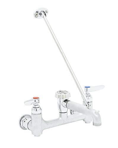 T&S Brass B-0665-BSTR Service Sink Faucet. 8" Wall Mount with Built in Stops, Vacuum Breaker, and Pail Hook. Rough Chrome with Garden Hose Male Outlet.